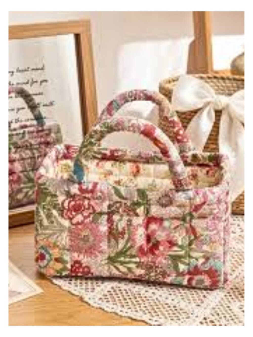 Vintage Floral Quilted Storage Basket Fabric Organizer Bin with Handles